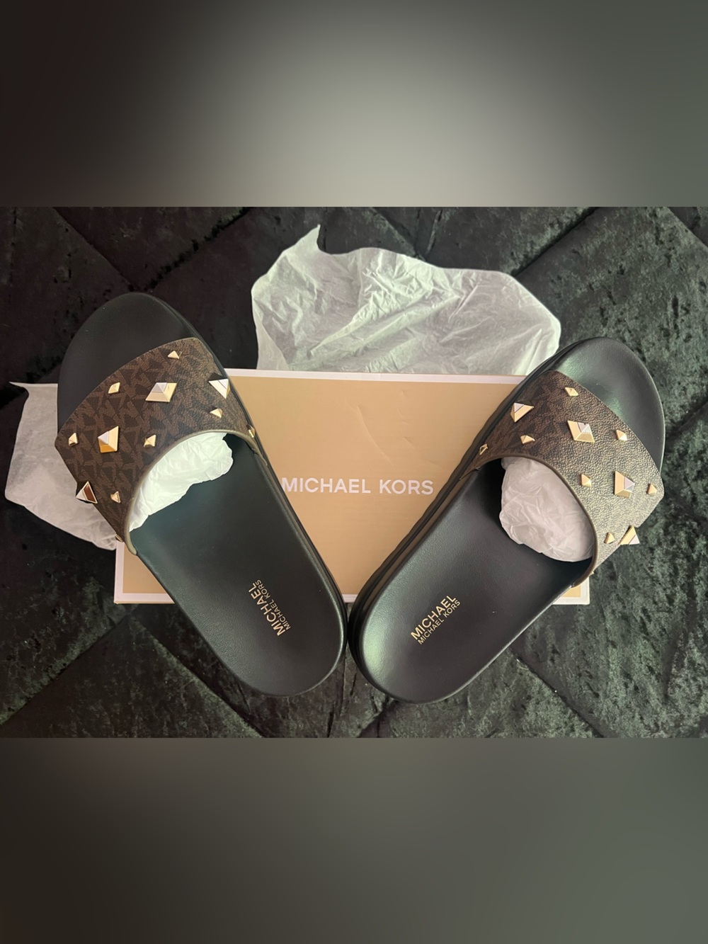 Michael Kors Brown Monogram Slide Sandals with Gold Studs